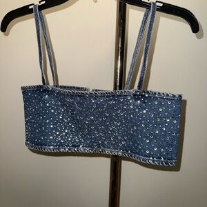 Blue Denim Rhinestone Crop Top